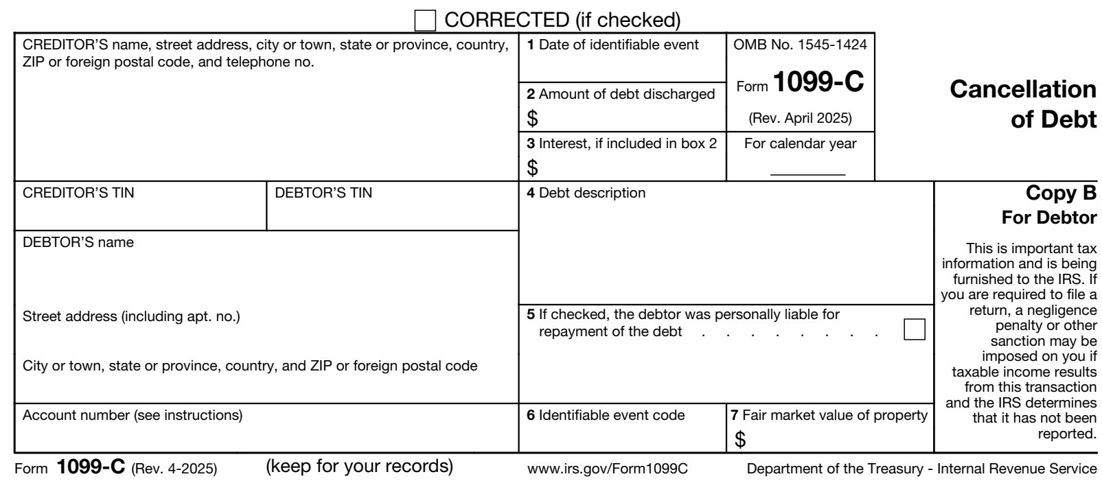 IRS Form 1099-C Cancellation of Debt Rev. April 2025